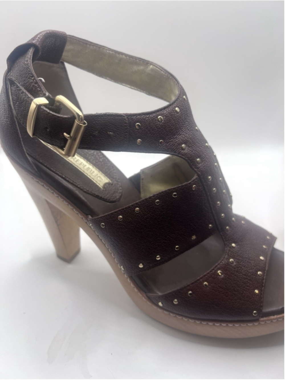 Banana Republic Bonnie Studded Sandals Womens 9 Strap Platform Heels Brown Gold - Picture 8 of 14